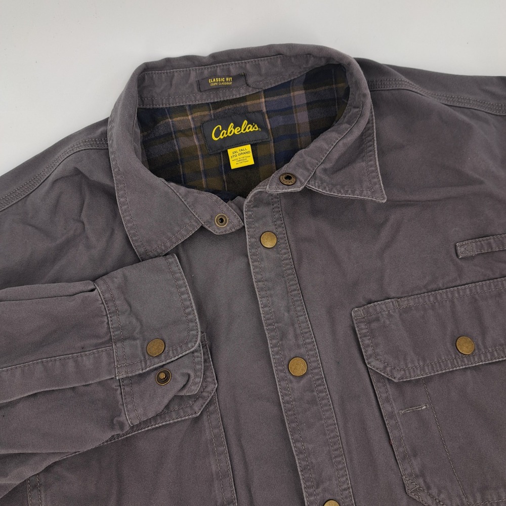 Cabela's Flannel Lined Shirt Jacket Mens 2XL Tall Cotton Gray Solid Snap Front